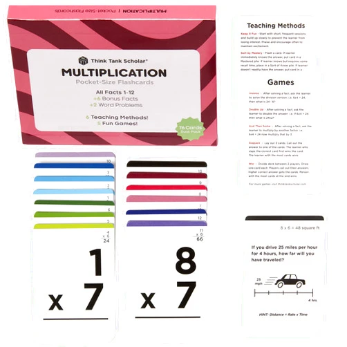 Think Tank Scholar Multiplication Flash Cards (150 Facts) Times Tables Flashcards - All Facts 1-12 for Kids in 3rd, 4th, 5th, 6th Grade - 6 Math Games and Teaching Methods for Homeschool or Classroom