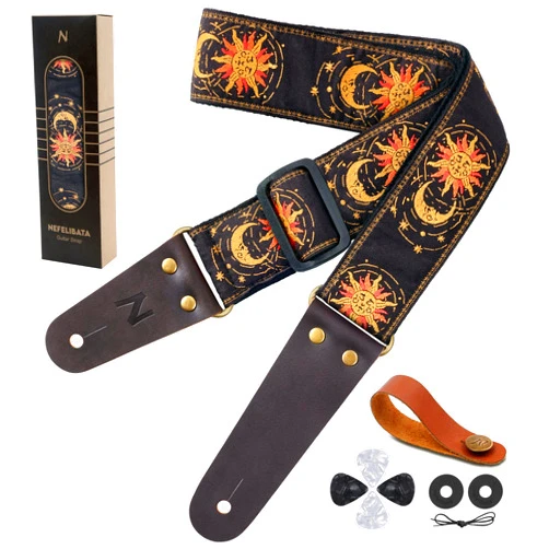 Nefelibata Guitar Strap, Sun & Moon Embroidery Guitar Straps with Head Cowhide Leather Ends for Bass, Electric & Acoustic Guitars, Free Strap Button, 1 Pair Strap Locks and 4 Guitar Picks