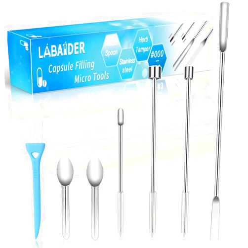 LabAider Capsule Filling Machine Tools Kits Micro Tiny Spoon Spatula, Lab Scoop Filling Tray, Herb Powder Tamper Tool for Lab Capsule Filler Pill Maker, Fit Empty Capsules Sizes 000 00 0 1 2 3