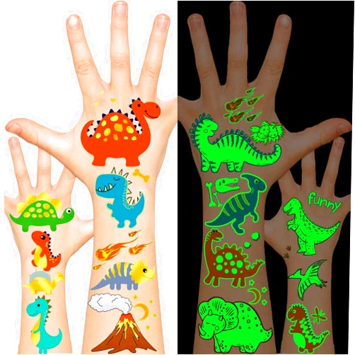Leesgel Dinosaur Temporary Tattoos for Kids, Dinosaur Stickers, Dinosaur Birthday Party Supplies Decorations (37 Styles Glow + Metallic Glitter)