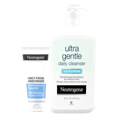 Neutrogena Ultra Gentle Daily Foaming Facial Cleanser, 16 fl. oz, Daily Facial Moisturizer, 3.4 fl. oz, Non-Comedogenic Skincare for Sensitive Skin, 2 Items