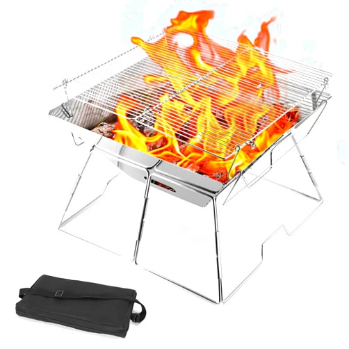 Odoland Folding Campfire Grill, 304 Stainless Steel Grate Barbeque Grill, Portable Camping Grill with Legs for Picnics, Backpacking, Outdoor with Carrying Bag and Kitchen Tongs