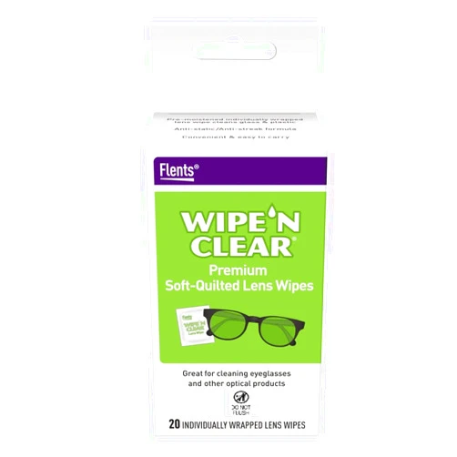 Flents Lens Wipes, Wipe 'N Clear, 20 Count, Pre-Moistened, Streak-Free, Safe for Glasses, Anti-Fog, Gentle Cleaning, Clear Vision, Individually Wrapped for Travel & Convenience, Made in the USA