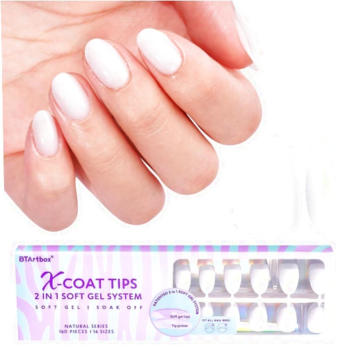 BTArtboxnails XS Short Almond Gel Nail Tips - Pre Colored Milky White Soft Gel Nail Tips, Milky White Press on Nails, Natural XCOATTIPS Pre Applied Tip Primer