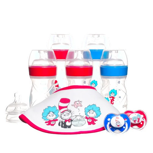 Playtex Baby Dr. Seuss Newborn Gift Set with 5 Nurser Bottles (3X 4Oz, 2X 8Oz), 2 Binky Pacifiers, 60 Drop-Ins Liners & Bib, Bottles for Newborn and Breastfeeding Babies, Feeding Essentials
