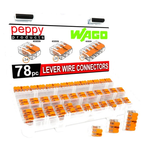 Peppy Products WAGO 221 Lever Nuts 78pc Compact Splicing Wire Connector Assortment with Case. Includes (34x) 221-412, (26x) 221-413, (18x) 221-415
