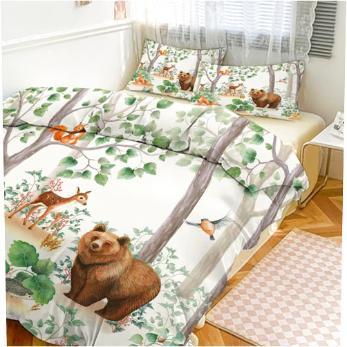 INSFBRB Rustic Woodland 3 Piece Comforter Cover Sets, Queen Size,Cute Country Lodge Cabin Forest Animals Bear Deer Fox Duvet Cover Set 2 Pillowcases(No Insert)