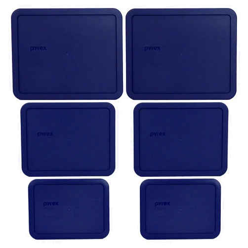 Pyrex (2) 7212-PC 11-Cup, (2) 7211-PC 6-Cup, and (2) 7210-PC 3-Cup Blue Plastic Storage Lids, Made in the USA