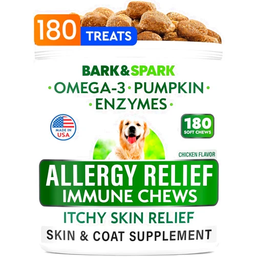 BARK&SPARK Dog Allergy Relief Chews (180 Immune Treats) - Anti-Itch Skin & Coat Supplement - Omega 3 Fish Oil - Itchy Skin Relief Treatment Pills - Itching&Paw Licking - Dry Skin & Hot Spots