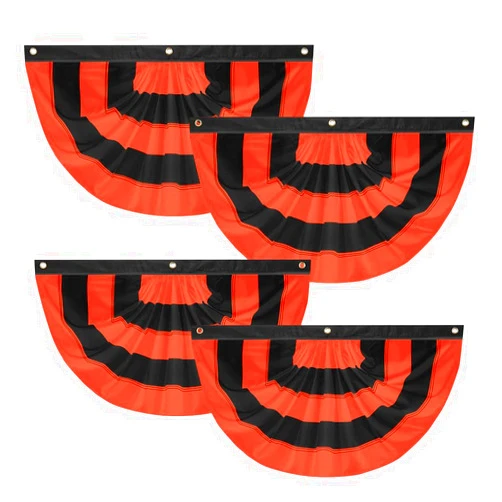 LinaGarten 4Pack Halloween Bunting Flags 2x4ft Fully Sewn Orange & Black 5 Stripe Pleated Half Fan Flag Banner Trick or Treat Happy Halloween Party Decor Outside Porch Yard Garden Indoor Wall