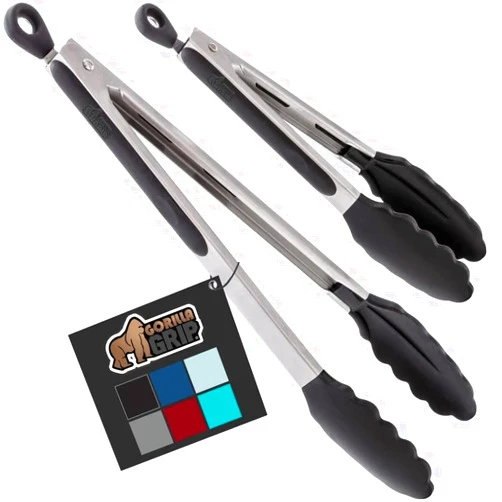 Gorilla Grip Stainless Steel Heat Resistant Kitchen Tongs for Cooking, 9 + 12 Inch, Set of 2 BBQ Tong, Non Scratch Silicone Tip for Pan, Strong Grip, Grab Food, Toss Salad, Air Fryer, Pull Lock, Black