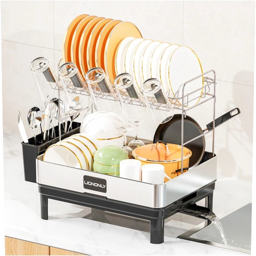 LIONONLY Dish Drying Rack, Thicker Premium 304 Stainless Steel 2 Tier Dish Drying Rack for Kitchen Counter, Rotatable Spout, Multifunctional Large Dish Rack with Cup Holder, Utensil Holder, Black