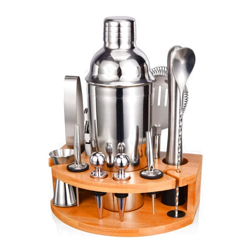 Esmula Bartender Kit with Stylish Bamboo Stand, 12 Piece 25oz Cocktail Shaker Set for Mixed Drink, Professional Stainless Steel Bar Tool Set, Gift for Man Dad- Cocktail Recipes Booklet (Silver)
