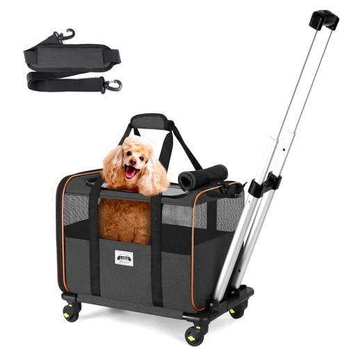 Lekereise Cat Carrier with Wheels for Small Pet, Airline Approved Dog Carrier with Wheels, Rolling Dog Cat Carrier, Black