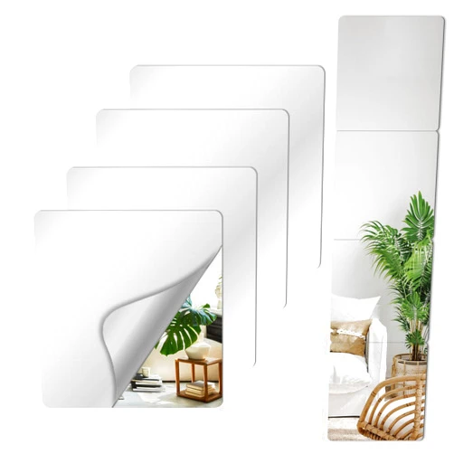 Quegau Kids Mirror Shatterproof Acrylic Mirror Full Length Mirror Tiles (about 12''x12''x 4PCS),Adhesive Unbreakable Acrylic for Bedroom Long Mirror,Door, Kids Room,Workout Mirrors for Home Gym Wall