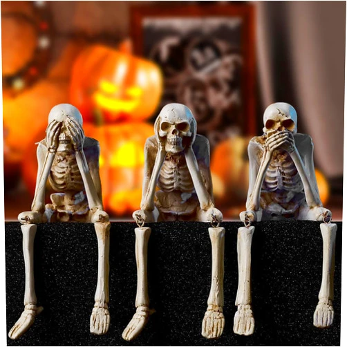 Modfied Halloween Skeleton Statues, Sets of 3 See Speak Hear No Evil Realistic Skull Decorations, Resin Horror Collectible Figures for Home Party Decoration