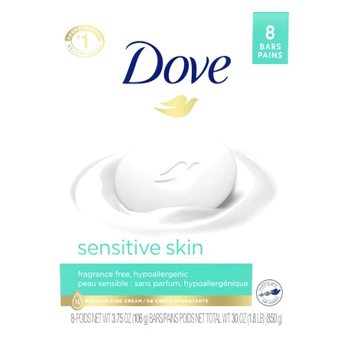 Dove Beauty Bar More Moisturizing Than Bar Soap for Softer Skin, Fragrance Free, Hypoallergenic Sensitive Skin With Gentle Cleanser 3.75 oz, 8 Bars