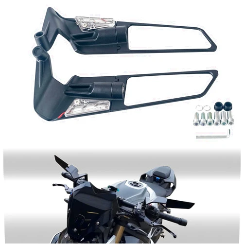 Xintre Motorcycle Mirrors with LED Turn Signal, Large Size Rotating Stealth Rearview Mirror, Universal 8mm 10mm Wind Wing Side Mirrors Compatible with Duke 390 Yamaha MT-07 Kawasaki Z400 Z650 Z900