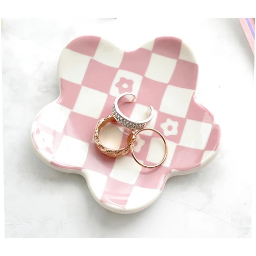 OVENKEI Room Decor Aesthetic Stuff for Teen Girls Gifts Trendy Stuff Pink Roon Decor Aesthetic Room Decor Bedroom Decor Aesthetic Checkered Jewelry Tray