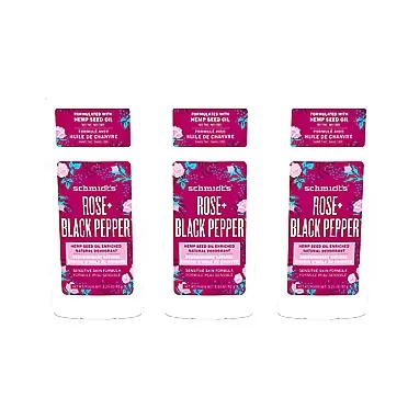 Schmidt's Aluminum Free Natural Deodorant for Women and Men, Rose + Black Pepper for Sensitive Skin with 24 Hour Odor Protection, Certified Cruelty Free, Vegan Deodorant, 3.25oz, 3 pack 3.25 Ounce (Pack of 3)