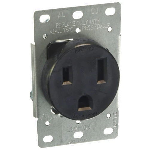Leviton 5374-S00 50 Amp, 250 Volt, Flush Mounting Receptacle, Straight Blade, Industrial Grade, Grounding, Black, 1-Pack