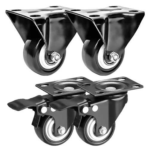 FactorDuty 4 Pack Combo 2 inch Caster Wheels 2 Rigid Non Swivel Fixed Stationery & 2 With Brake Swivel Plate All Black Polyurethane Wheels Non Marking No Noise 150LB Per Wheel