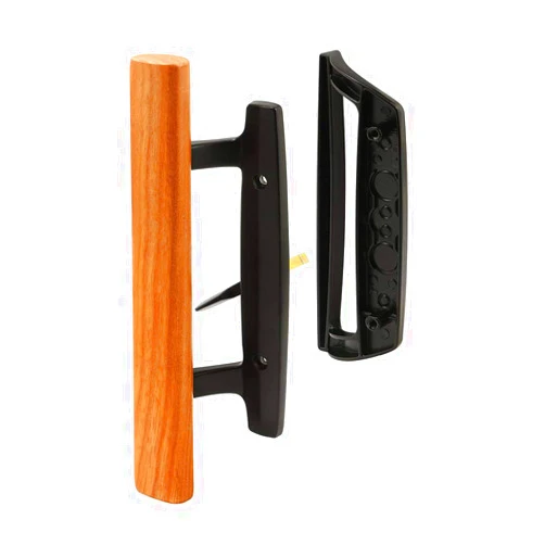 HauSun Mortise Style Reversible Sliding Patio Door Handle Set with Oak Wood Interior Handle and Exterior Pull in White Diecast Finish Fits 3-15/16” Screw Hole Spacing, Non-keyed with Latch Locks (Black)