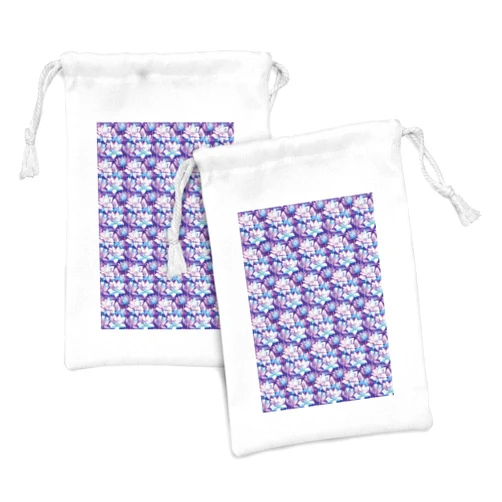 Ambesonne Floral Fabric Pouch Set of 2, Lotus Flower Bouquets Along Buds Discotic Color Blossoms Garden Artwork, Small Drawstring Bag for Toiletries Masks and Favors, 9