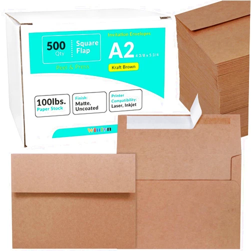 Winlyn 500 Pcs A2 Invitation Envelopes in Kraft Brown Peel & Press Self Seal 4 3/8 x 5 3/4 Square Flap Envelopes RSVP Return Envelopes 100lb. for Announcement Mailing 4x5 Greeting Cards Photo 1/4 Fold Cards