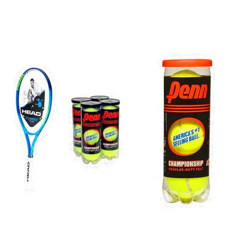 HEAD Ti. Conquest Tennis Racket - Pre-Strung Head Light Balance 27 Inch Racquet - 4 3/8 in Grip,Blue & Penn Championship- Regular Duty Felt Pressurized Tennis Balls - 1 Can, 3 Balls