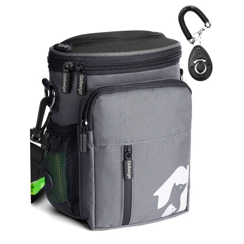 Gobeigo 8 Cup Dog Treat Pouch and Training Clicker, Dog Walking Bag with Phone Holder, Built-in Poop Bag Dispenser, 3 Ways Wearable Pet Fanny Pack for Outdoor Travel(Gray & Black)
