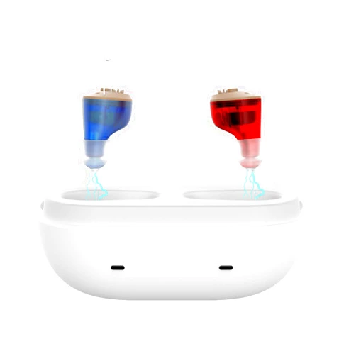 Avicill (Not Amplifier) True Hearing Aids for Seniors Hearing Loss with Noise Cancelling Invisible Rechargeable Hearing Aid with Magnetic Charging Box (Blue-Red)