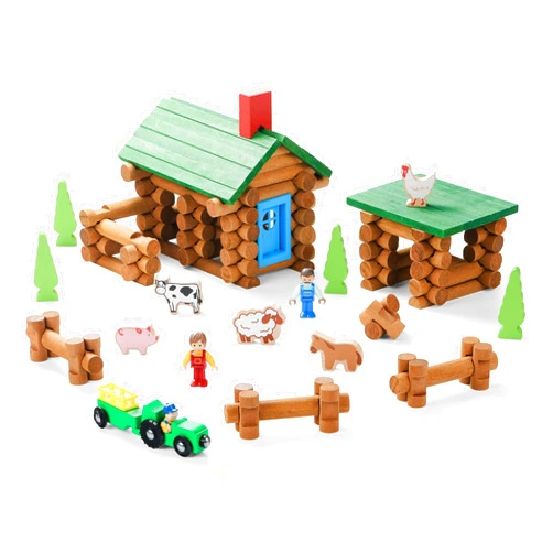 SainSmart Jr. Wooden Log Cabin Set Farm Building House Toy for Toddlers, 122 PCS Classic STEM Construction Kit with Colorful Wood Logs Blocks for 3+ Years Old
