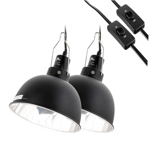 CAVACHEW 2 Pack Reptile Light Fixture, 8.5in Deep Dome Reptile Lamp Fixture, Optical Reflection Cover, Separate Switche & Hook, Terrarium Light Fixture for Reptile Heat Basking UVB Bulbs, 150W, Black