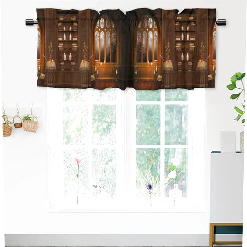 Brebasf Vintage Mid Century Bookshelf Kitchens Valances for Window,Rustic Magic Antique Library Castle Garden Arch Rod Pocket Curtain Valance for Bathroom Living Room Bedroom Curtains 54x18inch（1Pcs）