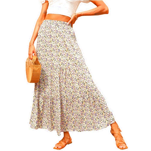 KIRUNDO Women's 2025 Spring Summer High Waist Boho Floral Maxi Skirt Casual Flowy Swing Pleated A Line Beach Long Skirts