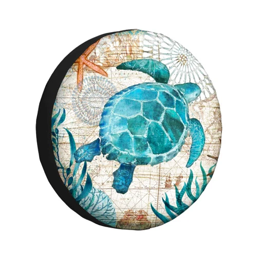 MIYASANG Green Sea Turtle Spare Tire Cover Ocean Map Seaweed Coral Starfish Mandala Ship Nautical Line Weatherproof Universal Wheel Protectors Camper Tire Covers for Trailer Rv Travel(17 inch)