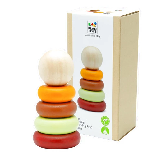 PlanToys® My First Stacking Toy Wooden Rings in Modern Rustic Shades | Montessori Fine-Motor Development Toy for Focus, Coordination & Early Learning | Eco-Friendly Educational Toy
