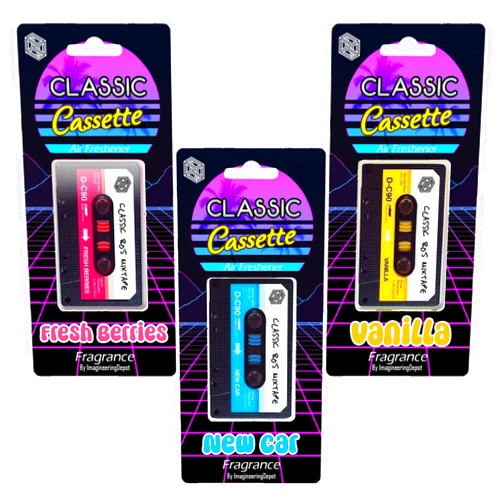 ImagineeringDepot Retro Cassette Car Air Freshener 3 Pack by ImagineeringDepot - Novelty Audio Tape Design, 90s Gifts, New Car Scent, Vanilla Scent, Crystal Ice Scent, Long-Lasting Freshness, Classic Gift