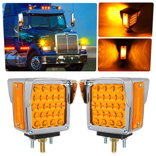 Gonice LED Square Pedestal Truck Lights - 2PCS 52-LED Dual Face Amber Turn Signals with Chrome Visors, 3-Stud Mount, DOT Compliant for Freightliner, Kenworth, Mack, Western Star