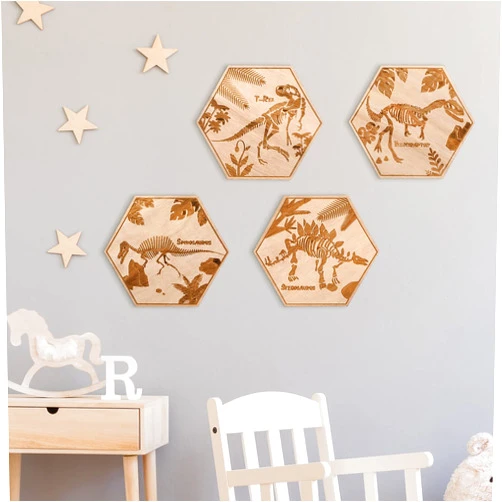 Maitys 4 Pcs S Dinosaur Wall Wooden Decor Dinosaur Art 5.1 x 5.9 Inch Dinosaur Bedroom Decorations Modern Minimalist Design for Boys Nursery Bedroom Playroom Living Room Decorations