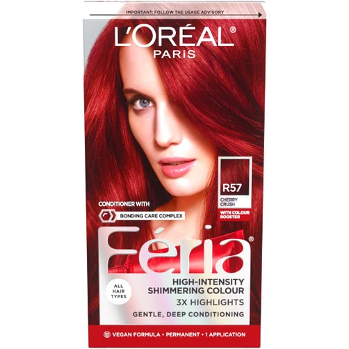 L'Oreal Paris Feria Multi-Faceted Shimmering Permanent Hair Color, R57 Cherry Crush (Intense Medium Auburn), Pack of 1 Hair Dye Kit