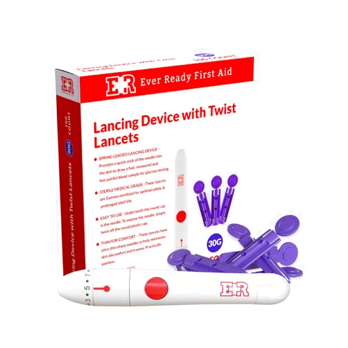 Ever Ready First Aid Lancing Device with 100 30 Gauge Twist Lancets for Blood Sugar Testing