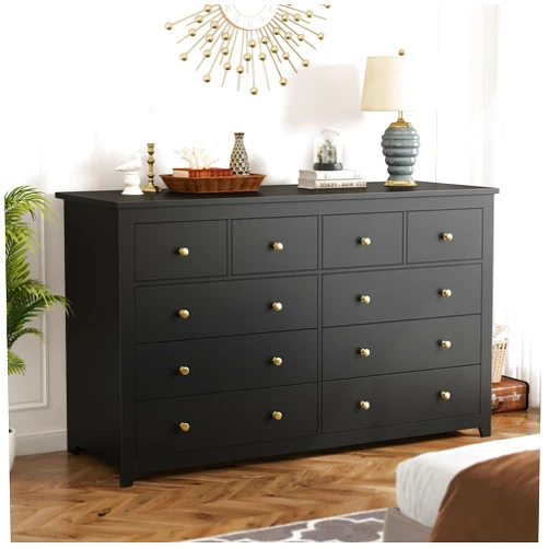 EnHomee Dresser for Bedroom, Dresser with 10 Deep Wood Drawers Black Dresser & Chests for Bedroom with Smooth Metal Rail Wooden Wide Dressers for Bedroom,Entryway