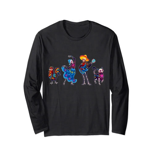 Día de Muertos Tradición Festividad Gifts DIMMERCH Dancing Catrina & Mariachi Musician Camiseta Day of the Dead Long Sleeve T-Shirt