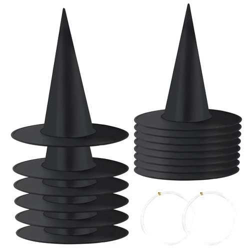 LeeLoon 14 Pack Halloween Witch Hat Hanging Witch Hats Halloween Black Witch Hats with 200 Feet Hanging Rope, Witch Costume Accessory for Halloween Party Yard Decoration and Carnivals Hats - Black