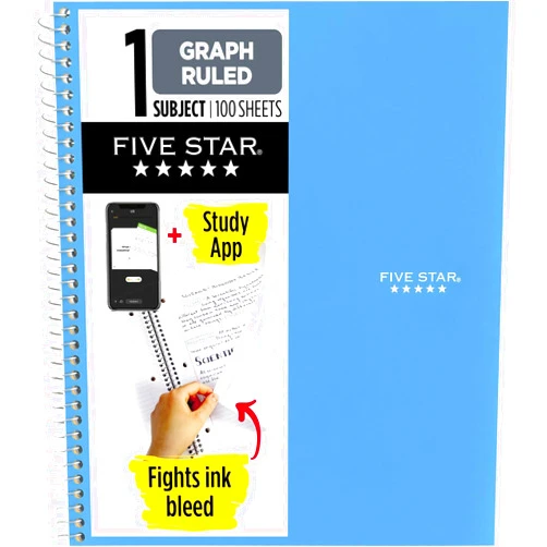 Five Star Spiral Notebook + Study App, 1 Subject, Graph Ruled Paper, Fights Ink Bleed, Water Resistant Cover, 8-1/2