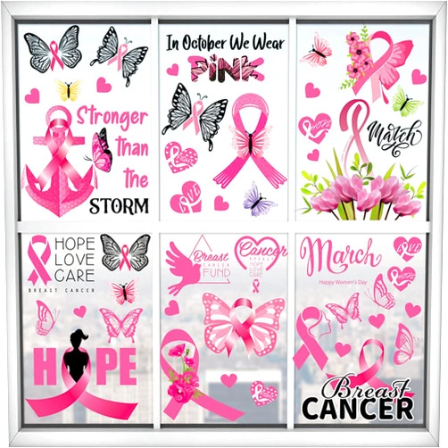 YKZFUI 9 Sheets Breast Cancer Window Clings Stickers for Glass, Pink Ribbon Women Awareness Stickers Breast Cancer Window Decorations Decals for Home Window Glass Decor Supplies