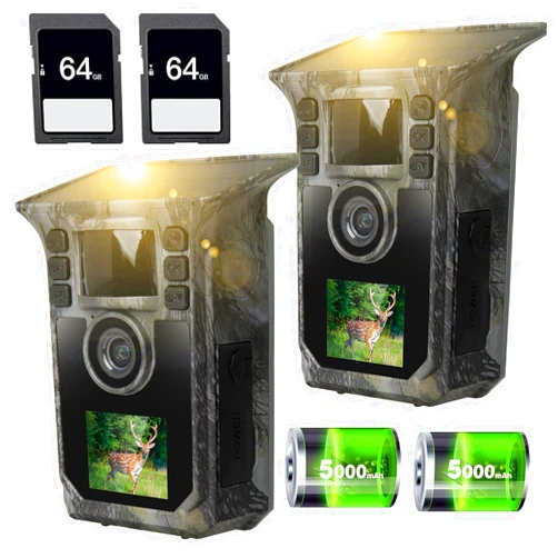 Hrivcam Trail Camera 2 Pack 4K 64MP Solar Game Camera with 5000mAh Forever Power, 64GB Memory Card and Ip67 Waterproof Angle Night Vision for Wildlife Deer Outdoor Trail Cam, Monitoring Trail Cameras