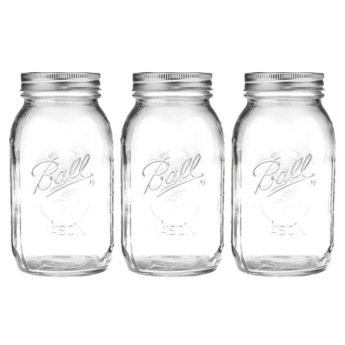 Generic Regular Mouth Mason Jars 32 oz - (3 Pack) - Ball Regular Mouth Quart 32-Ounces Mason Jars With Airtight lids and Bands - For Canning, Fermenting, Pickling, Storage - Microwave & Dishwasher Safe